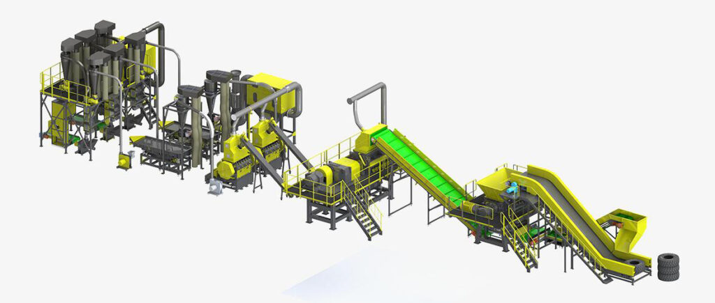 Linha de processamento de reciclagem de pneus em grande escala com britagem e moagem